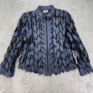 Natto Jacket Womens Large Blue Leather Leaf Mesh Cut Out Long Sleeve Full Zip